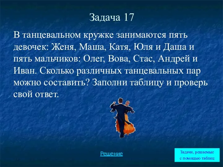 Задача 17 В танцевальном кружке занимаются пять девочек: Женя, Маша,