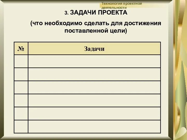 3. ЗАДАЧИ ПРОЕКТА (что необходимо сделать для достижения поставленной цели)