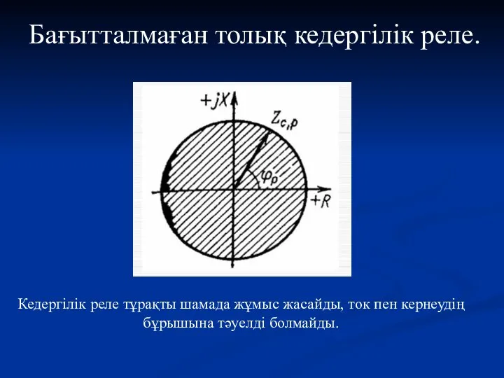 Бағытталмаған толық кедергілік реле. Кедергілік реле тұрақты шамада жұмыс жасайды, ток пен кернеудің бұрышына тәуелді болмайды.