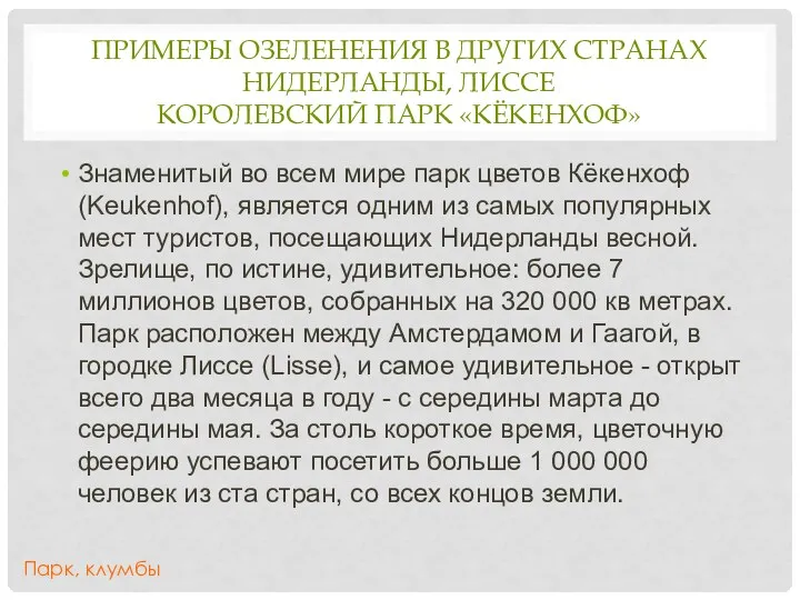 ПРИМЕРЫ ОЗЕЛЕНЕНИЯ В ДРУГИХ СТРАНАХ НИДЕРЛАНДЫ, ЛИССЕ КОРОЛЕВСКИЙ ПАРК «КЁКЕНХОФ»