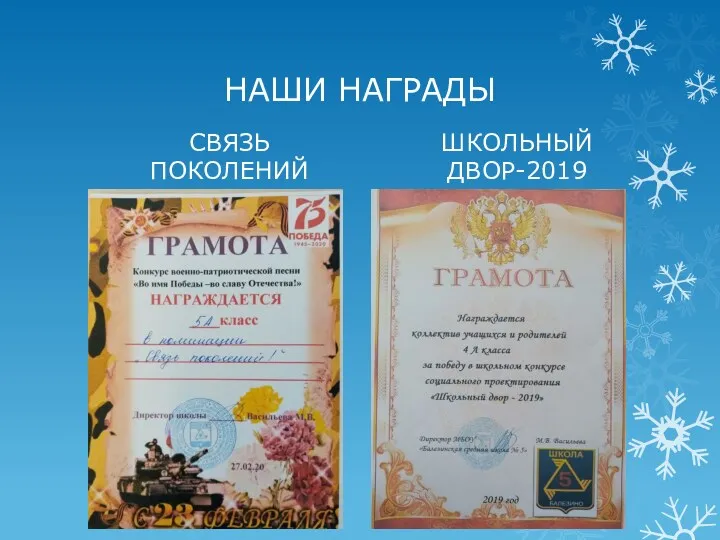 НАШИ НАГРАДЫ СВЯЗЬ ПОКОЛЕНИЙ ШКОЛЬНЫЙ ДВОР-2019