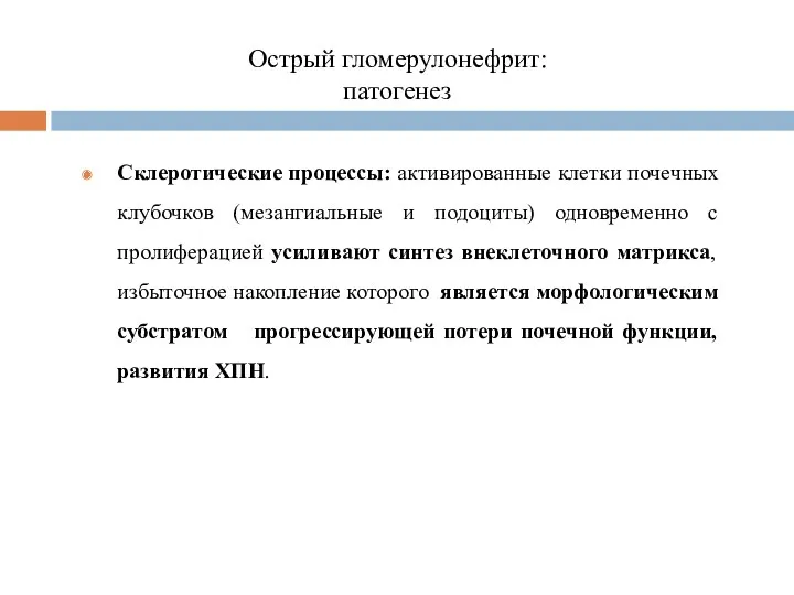 Острый гломерулонефрит: патогенез Склеротические процессы: активированные клетки почечных клубочков (мезангиальные