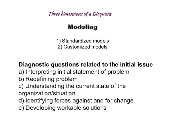 Modeling 1) Standardized models 2) Customized models Three dimensions of a Diagnosis Diagnostic