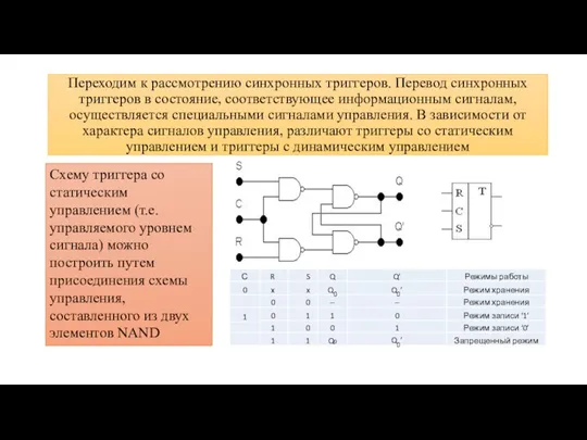 Переходим к рассмотрению синхронных триггеров. Перевод синхронных триггеров в состояние,