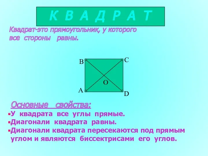 Квадрат-это прямоугольник, у которого все стороны равны. Основные свойства: У
