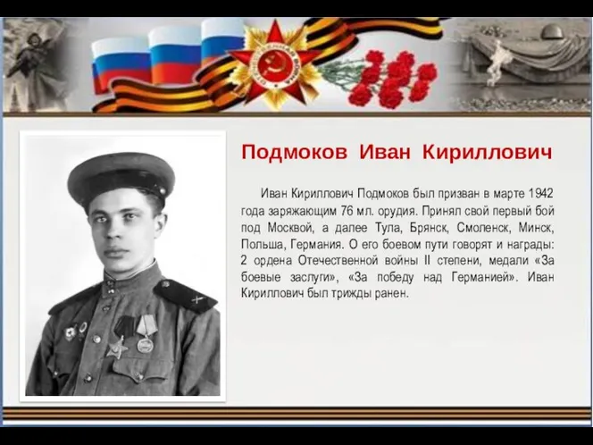 Подмоков Иван Кириллович Иван Кириллович Подмоков был призван в марте 1942 года заряжающим