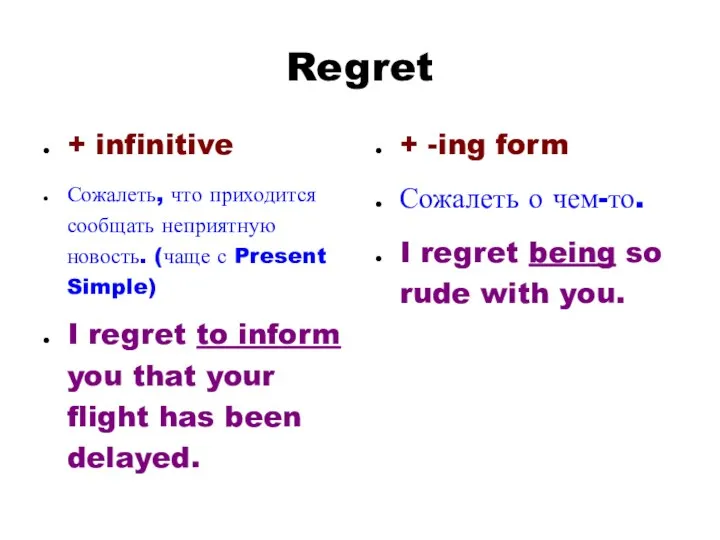 Regret + infinitive Сожалеть, что приходится сообщать неприятную новость. (чаще