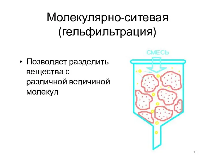 Молекулярно-ситевая (гельфильтрация) Позволяет разделить вещества с различной величиной молекул