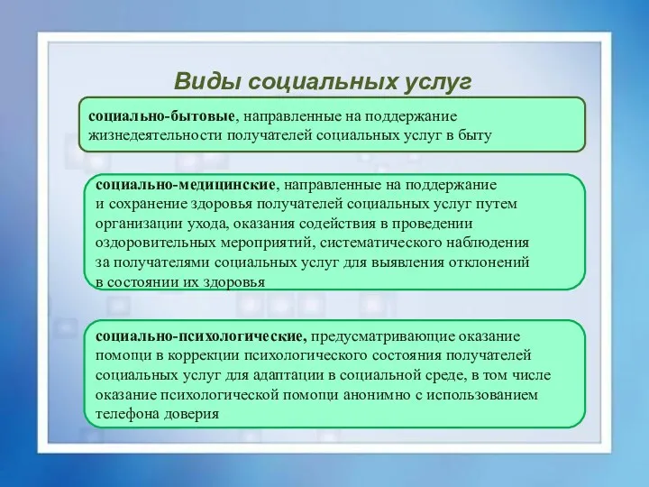 Виды социальных услуг социально-бытовые, направленные на поддержание жизнедеятельности получателей социальных