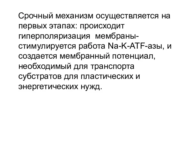 Срочный механизм осуществляется на первых этапах: происходит гиперполяризация мембраны-стимулируется работа Na-K-ATF-азы, и создается