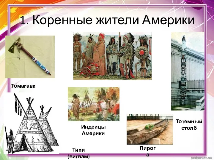 1. Коренные жители Америки Индейцы Америки Пирога Томагавк Типи (вигвам) Тотемный столб