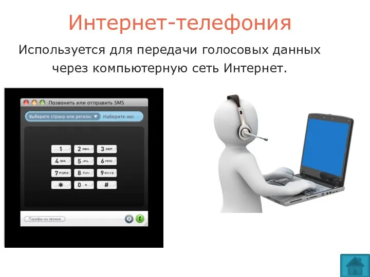 Интернет-телефония Используется для передачи голосовых данных через компьютерную сеть Интернет.