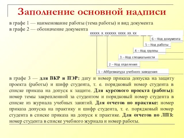 Заполнение основной надписи в графе 1 — наименование работы (тема