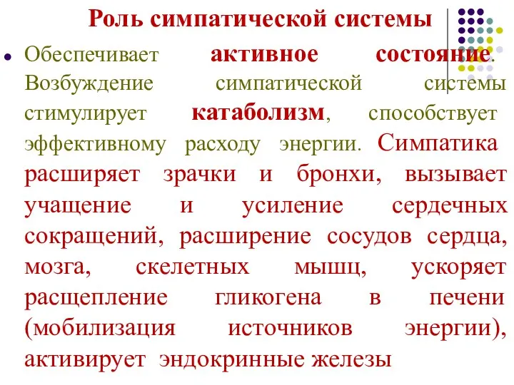 Роль симпатической системы Обеспечивает активное состояние. Возбуждение симпатической системы стимулирует