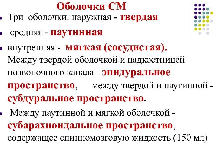 Оболочки СМ Три оболочки: наружная - твердая средняя - паутинная