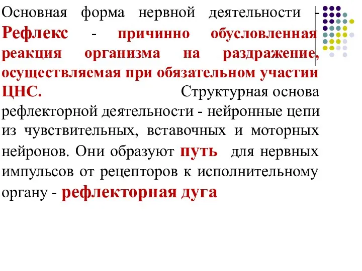 Основная форма нервной деятельности - Рефлекс - причинно обусловленная реакция