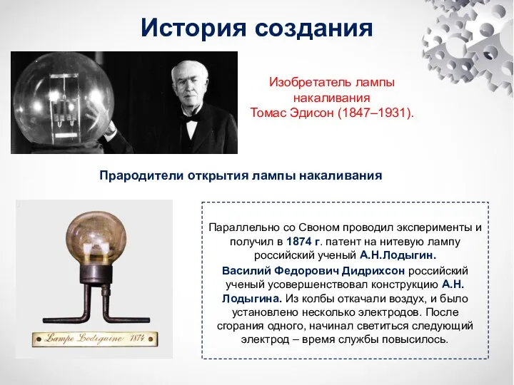 История создания Изобретатель лампы накаливания Томас Эдисон (1847–1931). Прародители открытия