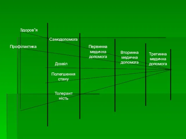 Здоров”я Профілактика Самодопомога Дозвіл Полегшення стану Толерантність Первинна медична допомога Вторинна медична допомога Третинна медична допомога