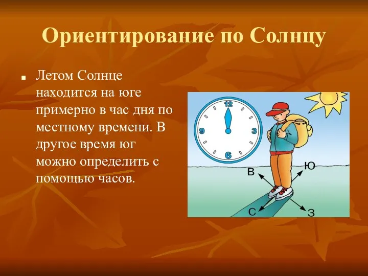 Ориентирование по Солнцу Летом Солнце находится на юге примерно в час дня по