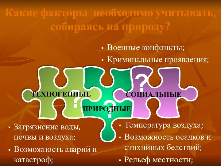 Какие факторы необходимо учитывать, собираясь на природу? ? ? ? Температура воздуха; Возможность