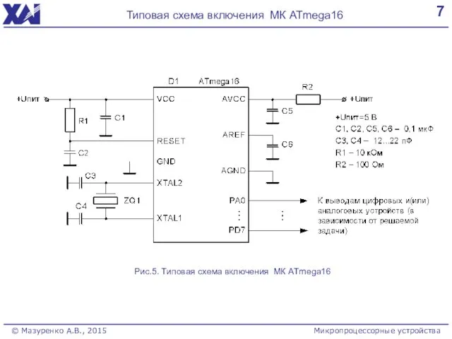 7 Типовая схема включения МК ATmega16 Микропроцессорные устройства © Мазуренко