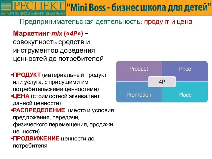 Предпринимательская деятельность: продукт и цена Маркетинг-mix («4P») – совокупность средств