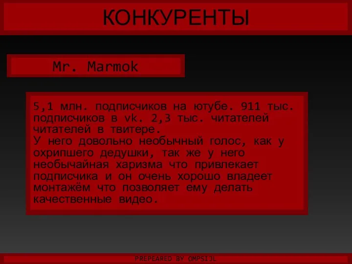 КОНКУРЕНТЫ PREPEARED BY OMPSIJL Mr. Marmok 5,1 млн. подписчиков на