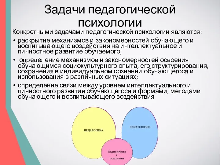 Задачи педагогической психологии Конкретными задачами педагогической психологии являются: раскрытие механизмов