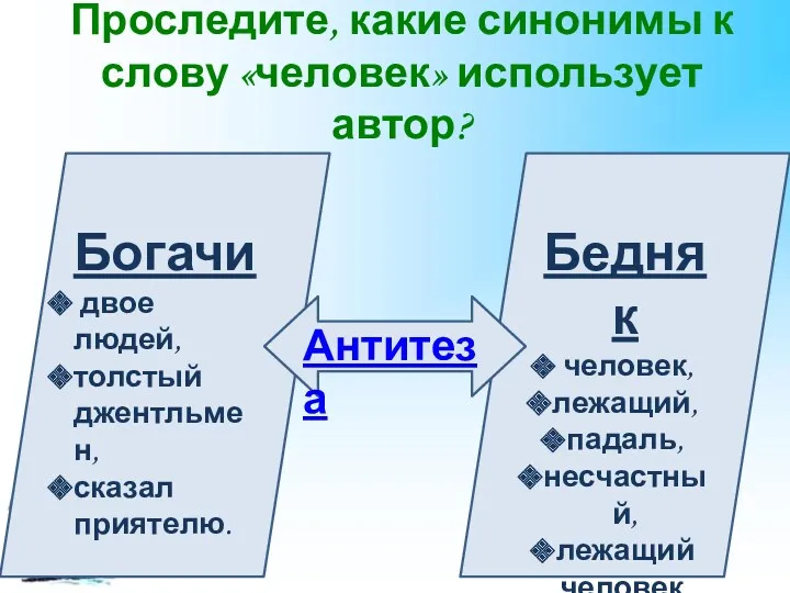 Проследите, какие синонимы к слову «человек» использует автор? Богачи двое