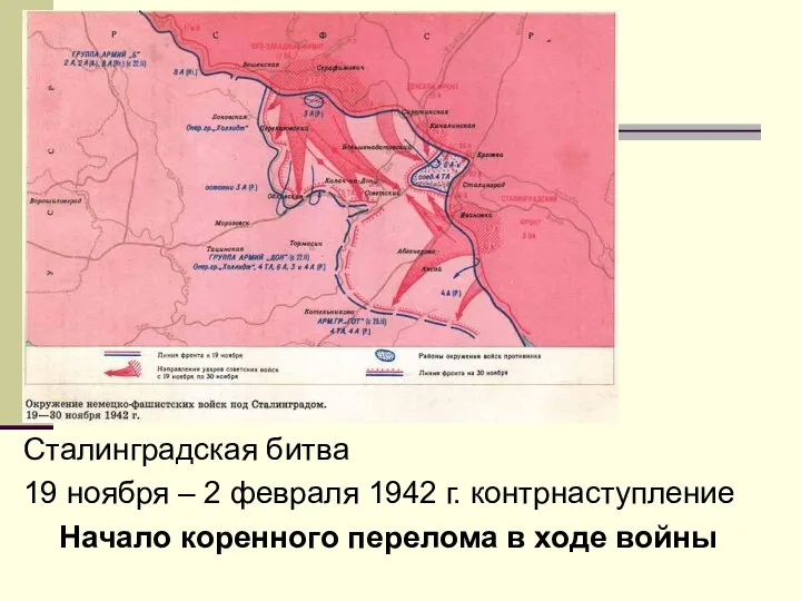 Сталинградская битва 19 ноября – 2 февраля 1942 г. контрнаступление Начало коренного перелома в ходе войны