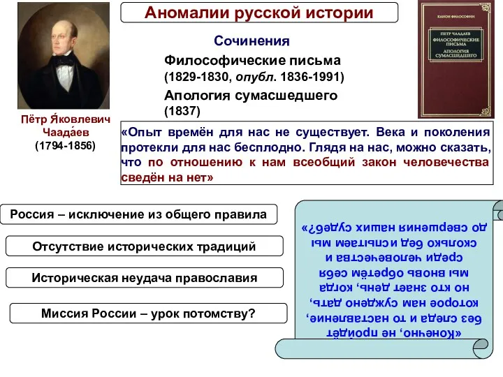 Аномалии русской истории Пётр Я́ковлевич Чаада́ев (1794-1856) Сочинения Философические письма