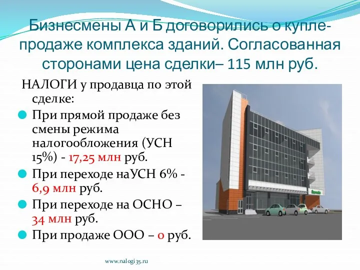 Бизнесмены А и Б договорились о купле-продаже комплекса зданий. Согласованная