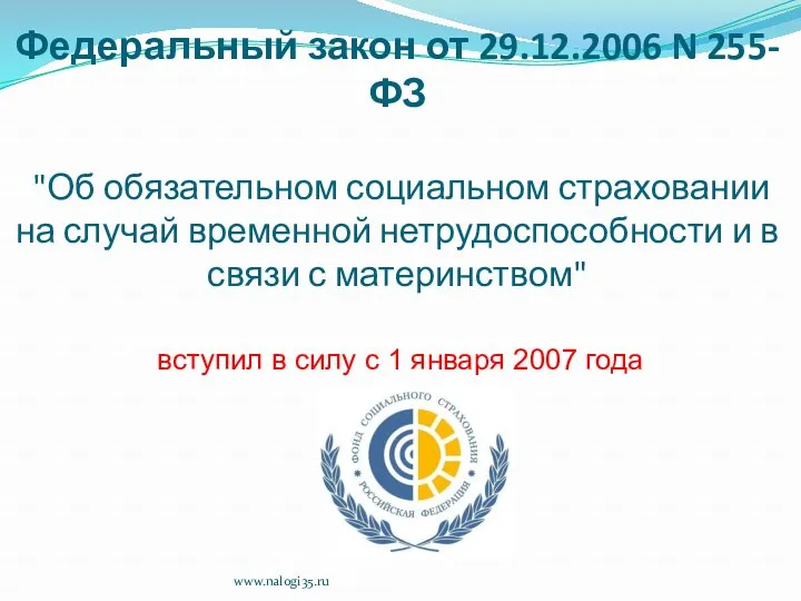 Федеральный закон от 29.12.2006 N 255-ФЗ "Об обязательном социальном страховании