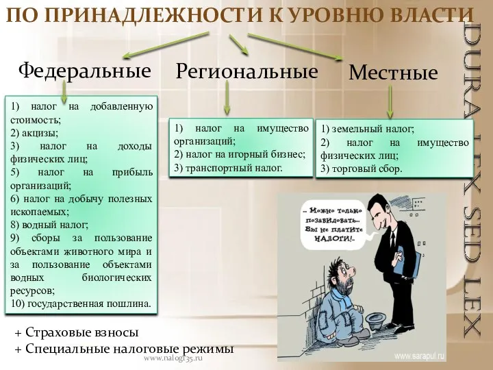 ПО ПРИНАДЛЕЖНОСТИ К УРОВНЮ ВЛАСТИ Федеральные Местные Региональные 1) налог