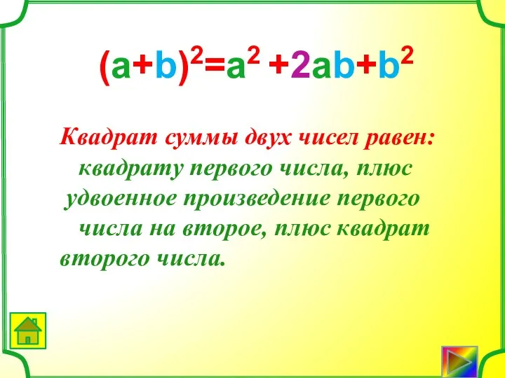 (a+b)2=a2 +2ab+b2 Квадрат суммы двух чисел равен: квадрату первого числа,