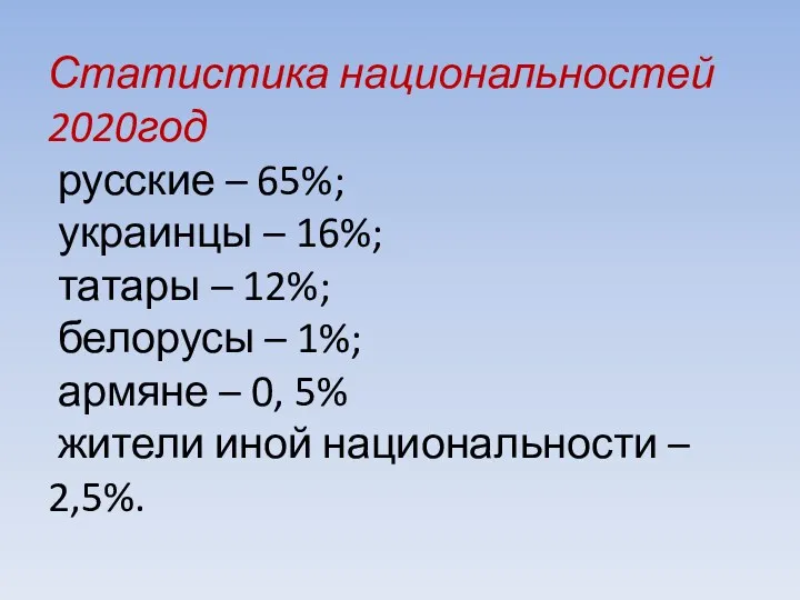 Статистика национальностей 2020год русские – 65%; украинцы – 16%; татары