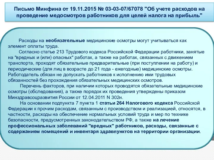 Письмо Минфина от 19.11.2015 № 03-03-07/67078 "Об учете расходов на проведение медосмотров работников