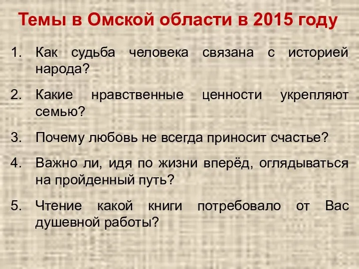 Темы в Омской области в 2015 году Как судьба человека