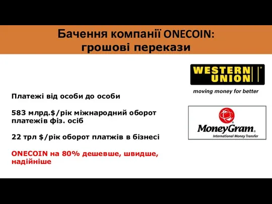 Бачення компанії ONECOIN: грошові перекази Платежі від особи до особи