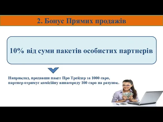 2. Бонус Прямих продажів 10% від суми пакетів особистих партнерів Наприклад, продавши пакет