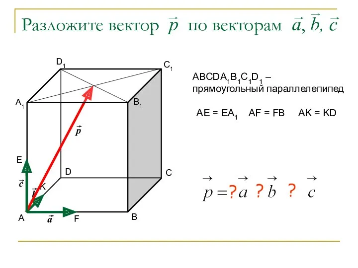 Разложите вектор р по векторам а, b, c А В С D В1
