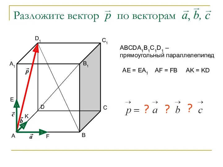 Разложите вектор р по векторам а, b, c А В С D В1