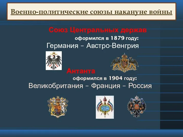 Военно-политические союзы накануне войны Союз Центральных держав оформился в 1879