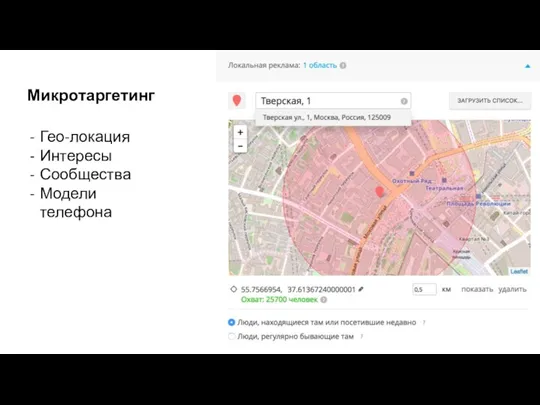 Микротаргетинг Гео-локация Интересы Сообщества Модели телефона