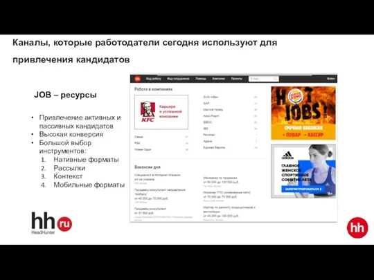 JOB – ресурсы Привлечение активных и пассивных кандидатов Высокая конверсия