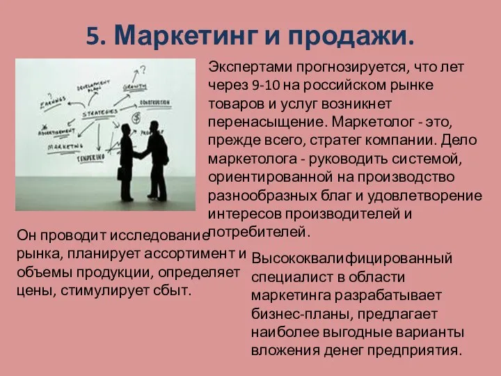 5. Маркетинг и продажи. Экспертами прогнозируется, что лет через 9-10 на российском рынке