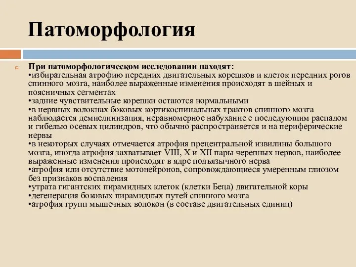 Патоморфология При патоморфологическом исследовании находят: •избирательная атрофию передних двигательных корешков и клеток передних