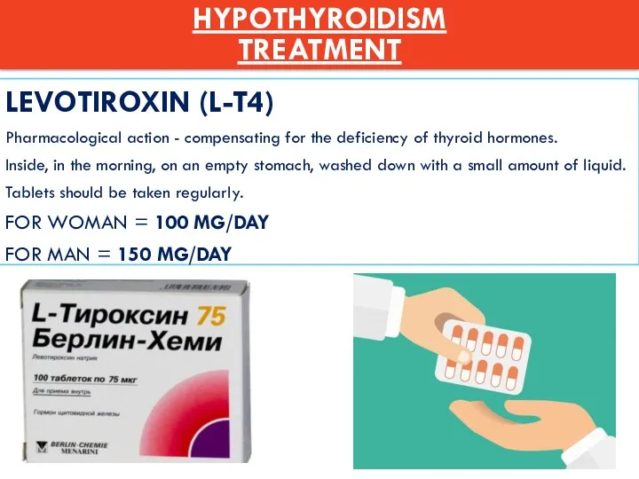LEVOTIROXIN (L-T4) Pharmacological action - compensating for the deficiency of thyroid hormones. Inside,