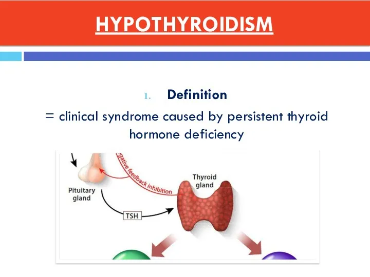 HYPOTHYROIDISM Definition = clinical syndrome caused by persistent thyroid hormone deficiency