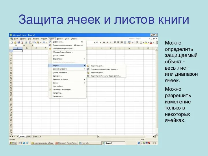 Защита ячеек и листов книги Можно определить защищаемый объект -